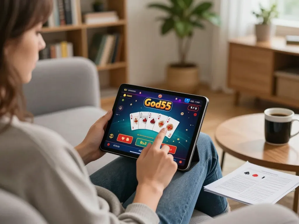 Player enjoying a dynamic game at God55 online casino on their tablet in a cozy home setting, with poker cards visible and warm atmosphere.