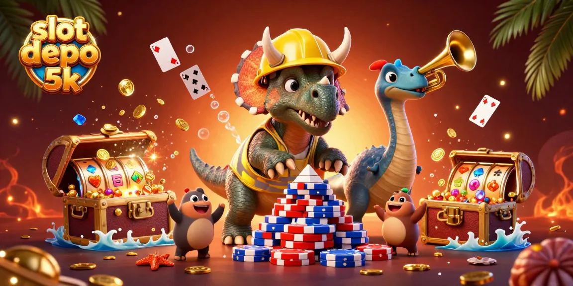 Slot depo 5k merayakan kemenangan dengan triceratops dan parasaurolophus dalam ilustrasi 3D berwarna cerah.