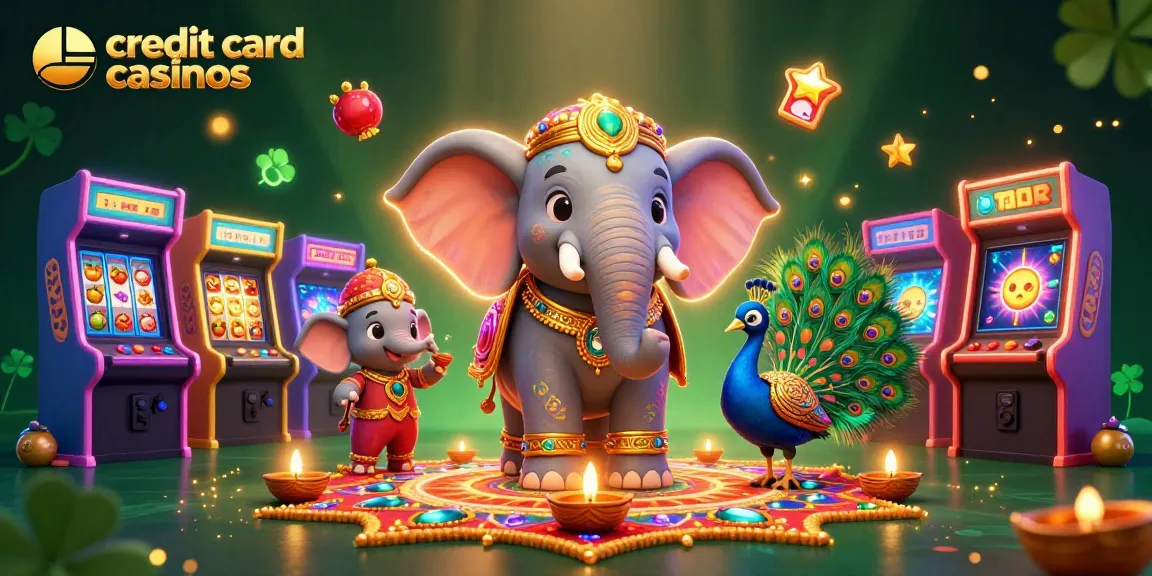Engage with exciting credit card casinos featuring vibrant illustrations of slots and a festive elephant.