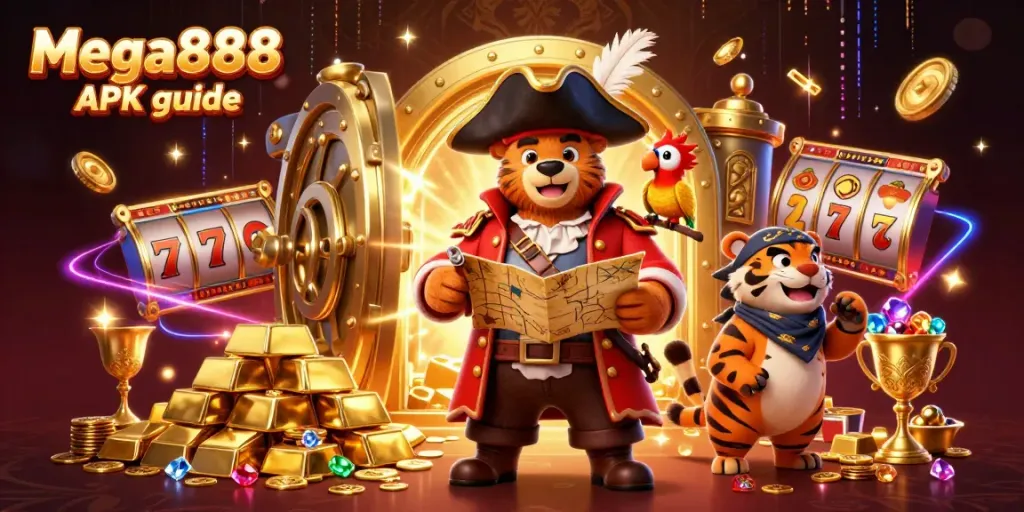 Engage with the Mega888 APK guide illustrated in an exciting pirate-themed casino adventure.