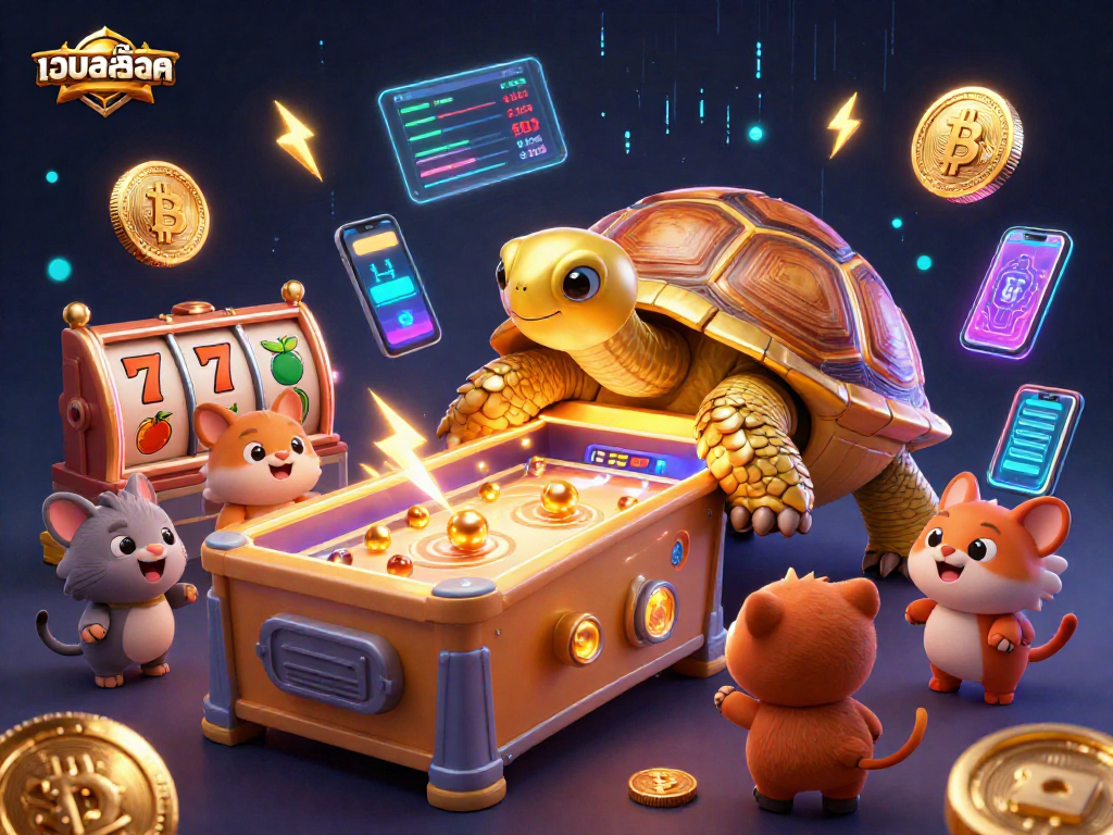 Engage in เว็บสล็อต gaming excitement with a vibrant illustration featuring a golden tortoise pinball machine amidst neon cryptocurrency elements.