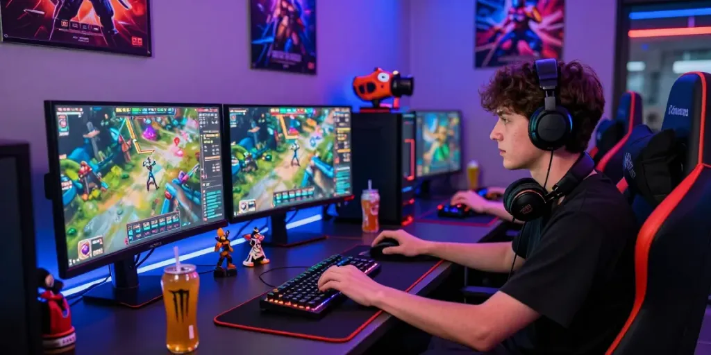Engaging gaming setup showcasing hotwin88 with dual monitors, colorful game graphics, and vibrant LED lighting.