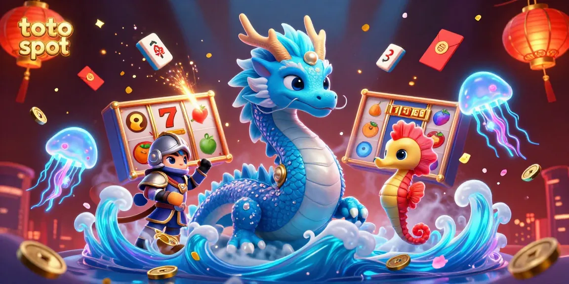 Engage with toto slot action in this vibrant underwater scene showcasing a mythical dragon and gaming elements.