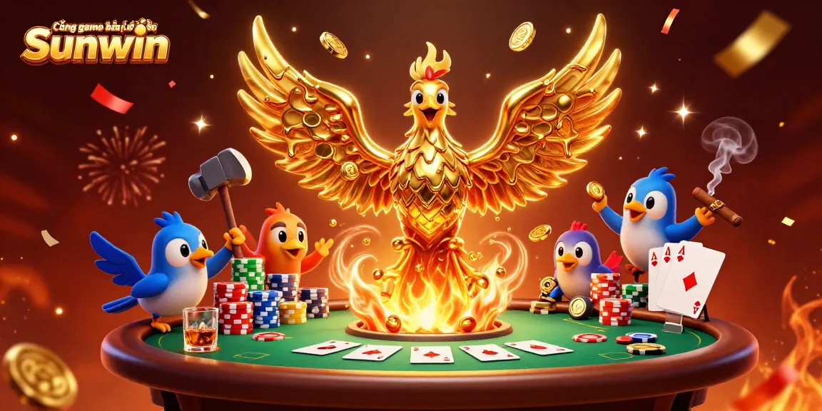 Engage in exciting games at Cổng game bài đổi thưởng Sunwin with golden phoenix and poker elements.