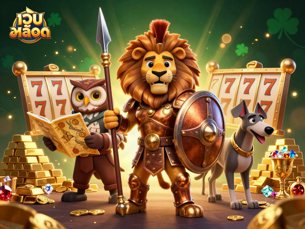 Engage in เว็บสล็อต with a captivating 3D illustration of a Spartan lion and friends amidst shimmering treasures.