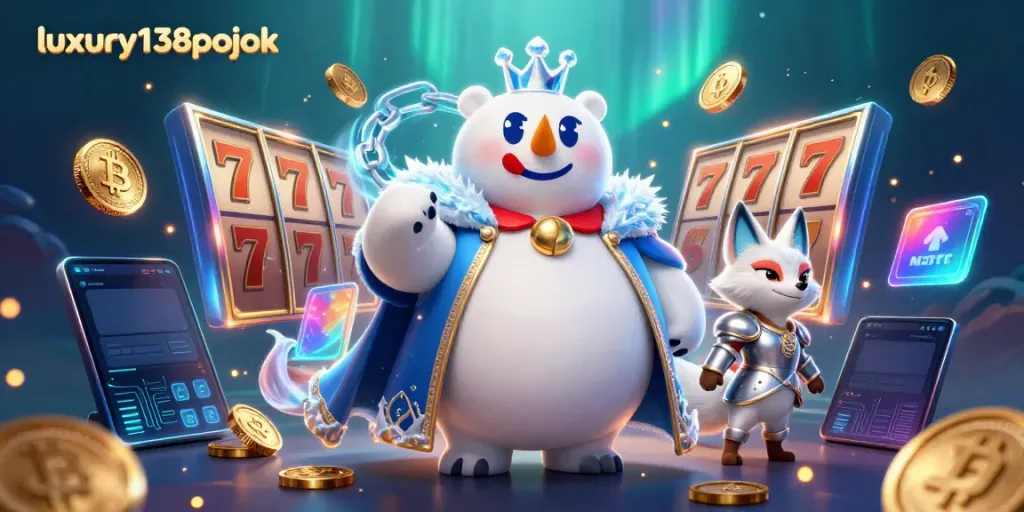 Play exciting slots at luxury138pojok with an engaging cartoon illustration featuring king and fox characters.