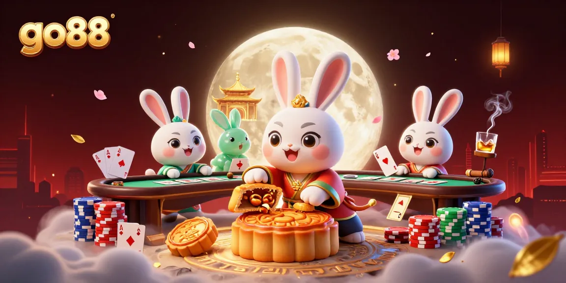 Engaging gaming action with go88 features poker chips and moon rabbit in a vibrant casino scene.
