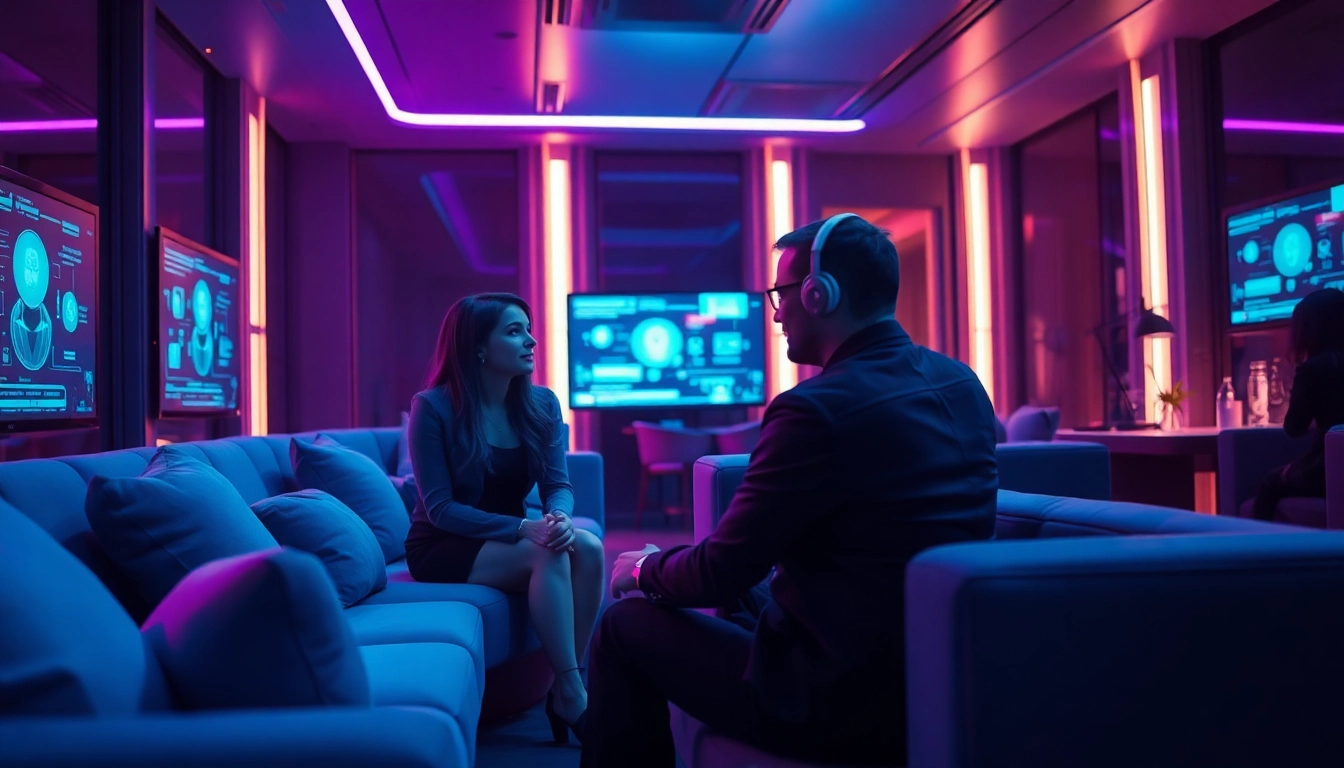AI NSFW interactions in a futuristic lounge with engaging virtual partners