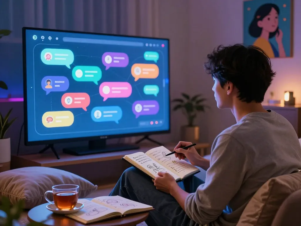 Engaging user interacting with ai chat nsfw in a cozy virtual environment filled with creative digital art.