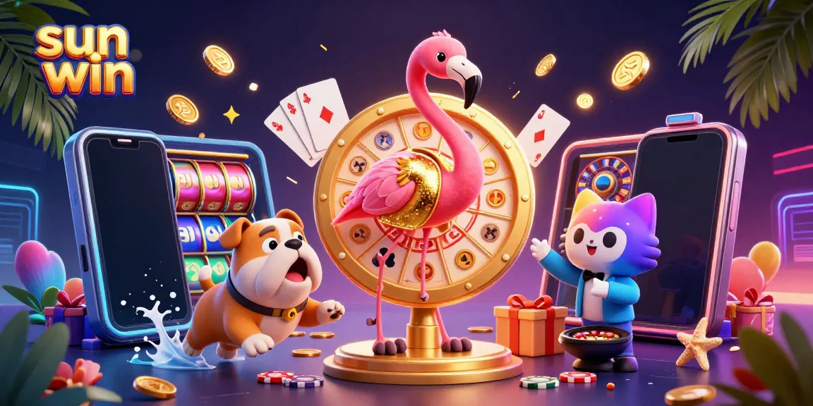Experience the excitement at sun win with lively characters spinning the prize wheel surrounded by colorful gaming elements.