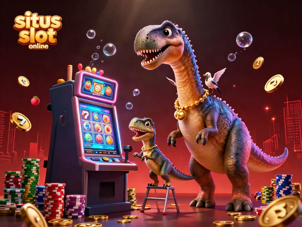 Gambarkan keseruan bermain situs slot online dengan brontosaurus dan raptor yang siap memutar jackpot.