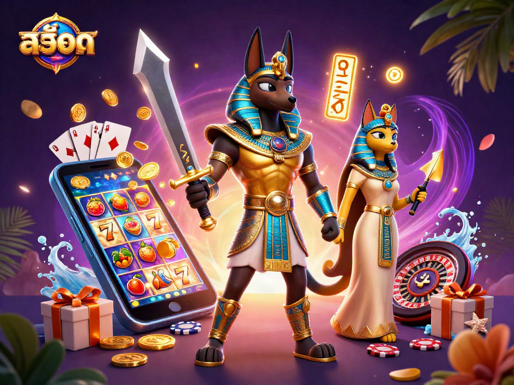 Engage with the vibrant สล็อต scene featuring Anubis, Bastet, and dynamic slot game elements.