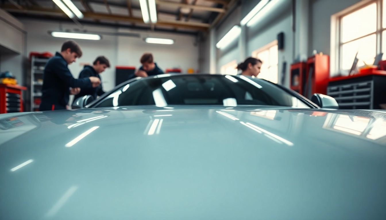 Applying PPF Chattanooga on a car in a bright workshop with expert technicians at work.