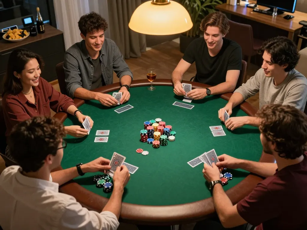 Participants enjoying a thrilling poker game at home, capturing the essence of strategic fun in the secret giris casino experience.