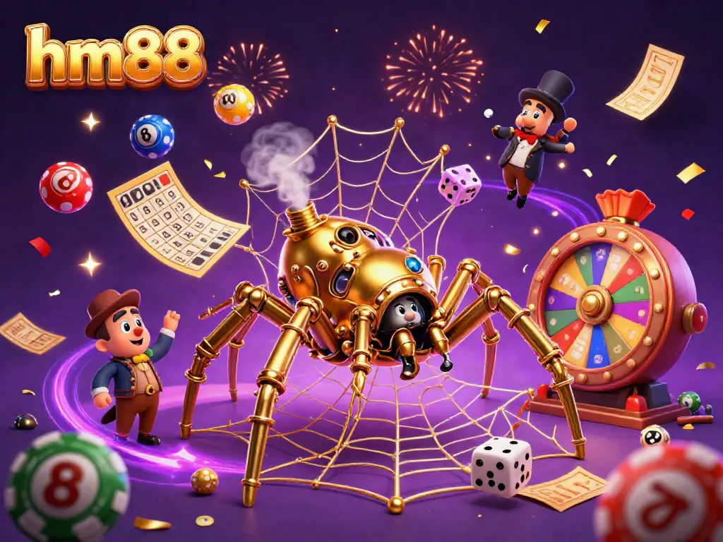 Play and win at hm88 with a vibrant 3D casino scene featuring an intricate golden web and lively game elements.