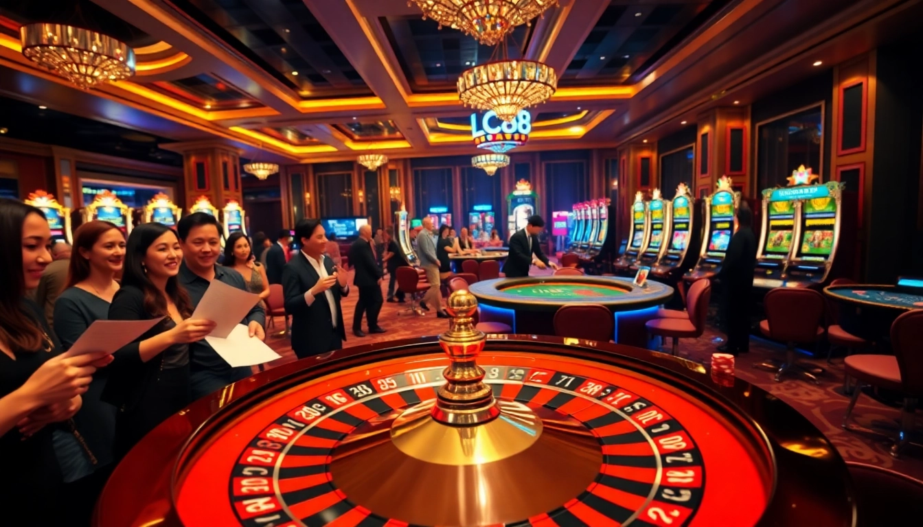 Experience the excitement of LC88's luxurious casino environment filled with roulette, poker chips, and eager players.