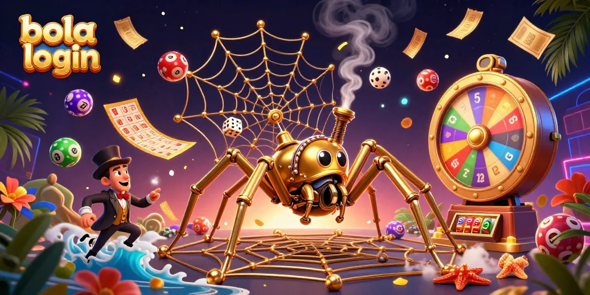 Engage with the thrilling bola login experience featuring a steampunk spider and colorful lottery elements soaring.