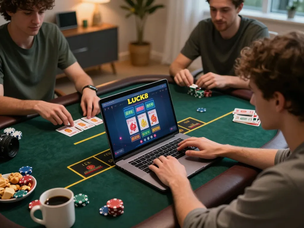 Engaging scene of logging into LUCK8 online casino from home, showcasing player with laptop and gaming interface.