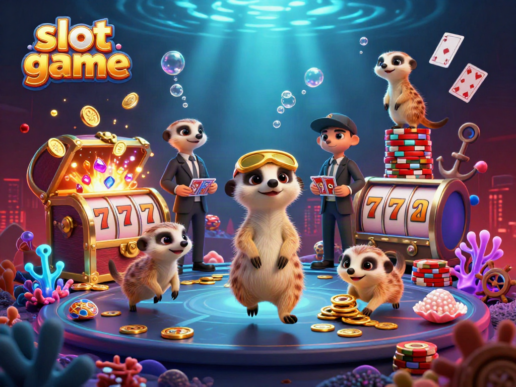 Engaging scene of meerkats running a vibrant slot game casino, showcasing colorful elements and excitement.