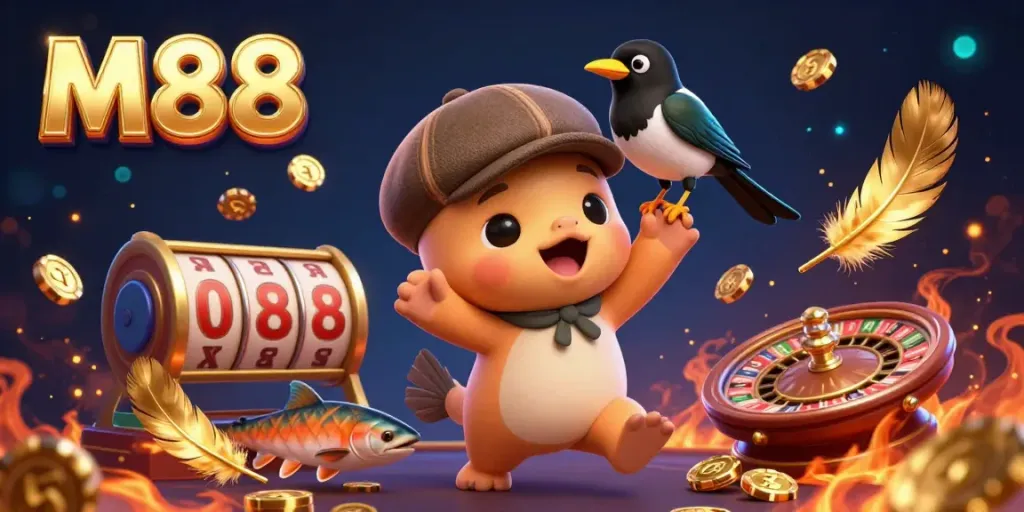 Engage with M88's fun gambling theme featuring a cartoon baby Nessie, a magpie, and salmon in a vibrant 3D casino scene.