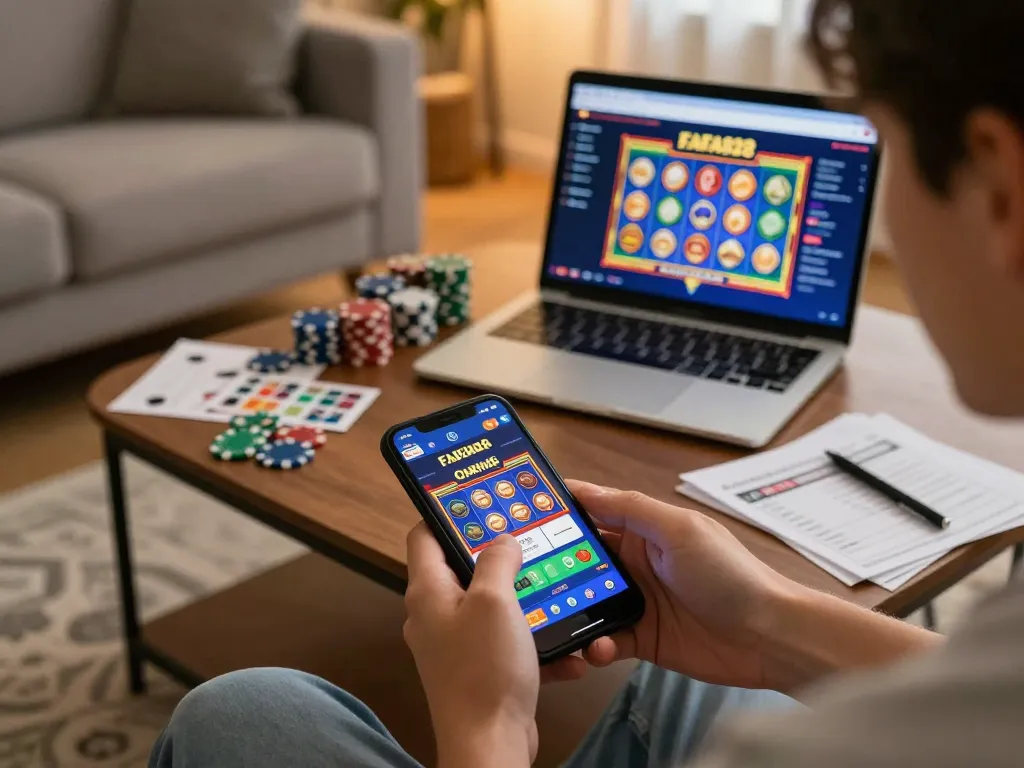 Player engaging with FAFA828 mobile casino app, showcasing a dynamic gaming experience at home