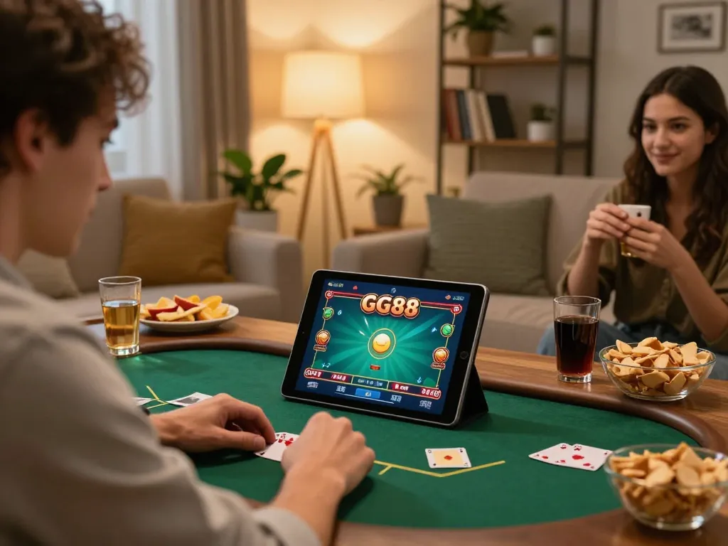 Player enjoying a GG88 online poker game on tablet in a cozy home setting.