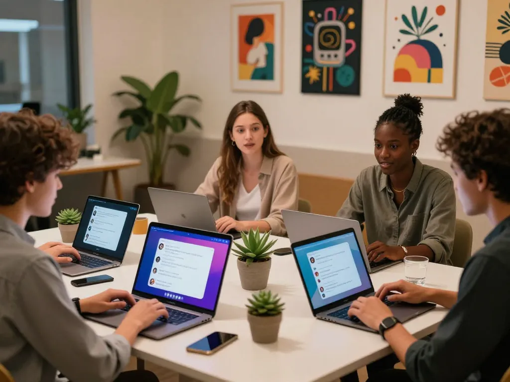 Engaging group using NSFW AI chat platforms in a stylish workspace.