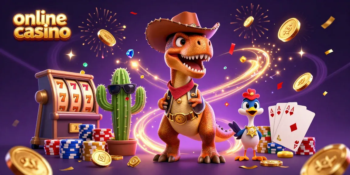 Experience the thrill of online casino gaming with a cartoon dinosaur and exciting slot machines!