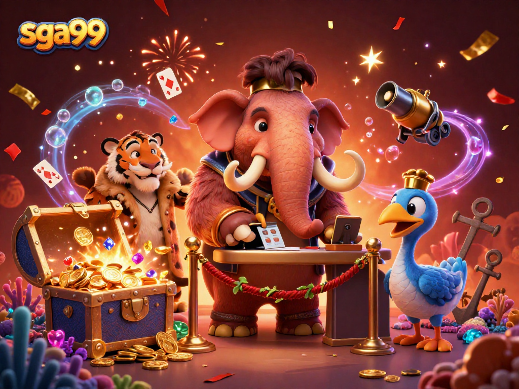 Experience the excitement of sga99 with vibrant gaming elements in a dynamic 3D casino scene.
