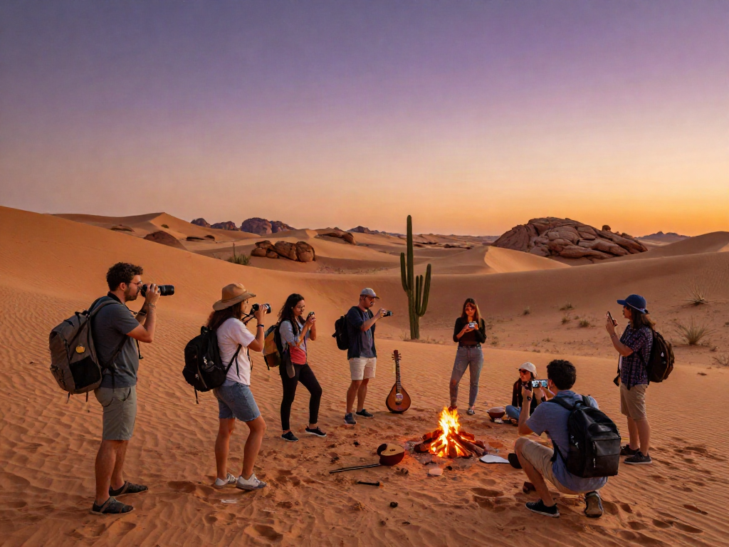 Group of travelers enjoying a desert adventure with slot canyons in the background.