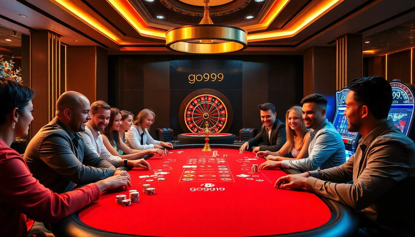 Players engaging intensely at a poker table in a vibrant casino scene inspired by go999.