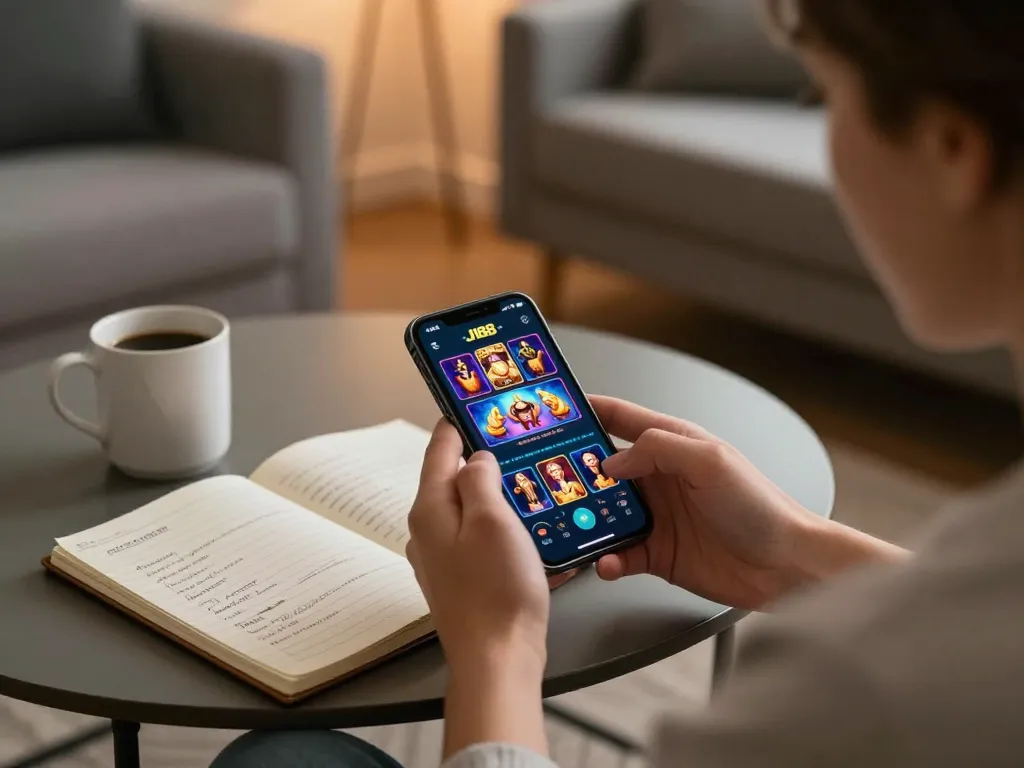 Engaging in J188 mobile casino gameplay on a smartphone in a cozy living room setting