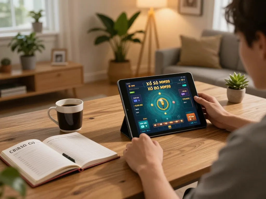 Xổ Số MM99 player analyzing game strategies on tablet in a cozy home setting.