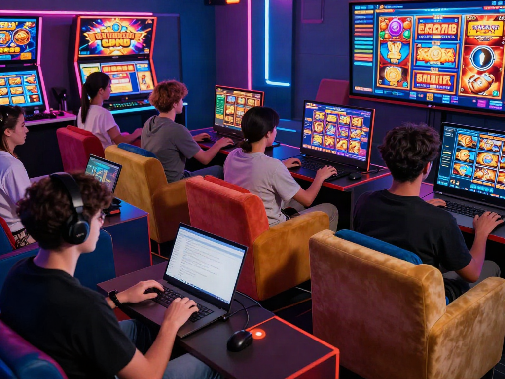 A80 gaming platform showcasing diverse players enjoying online slot games on various devices in a vibrant atmosphere.