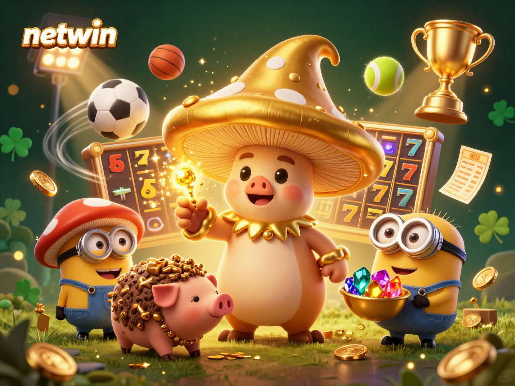 Experience the magic of netwin with a golden wizard and treasure-hunting pig in a lively casino scene.