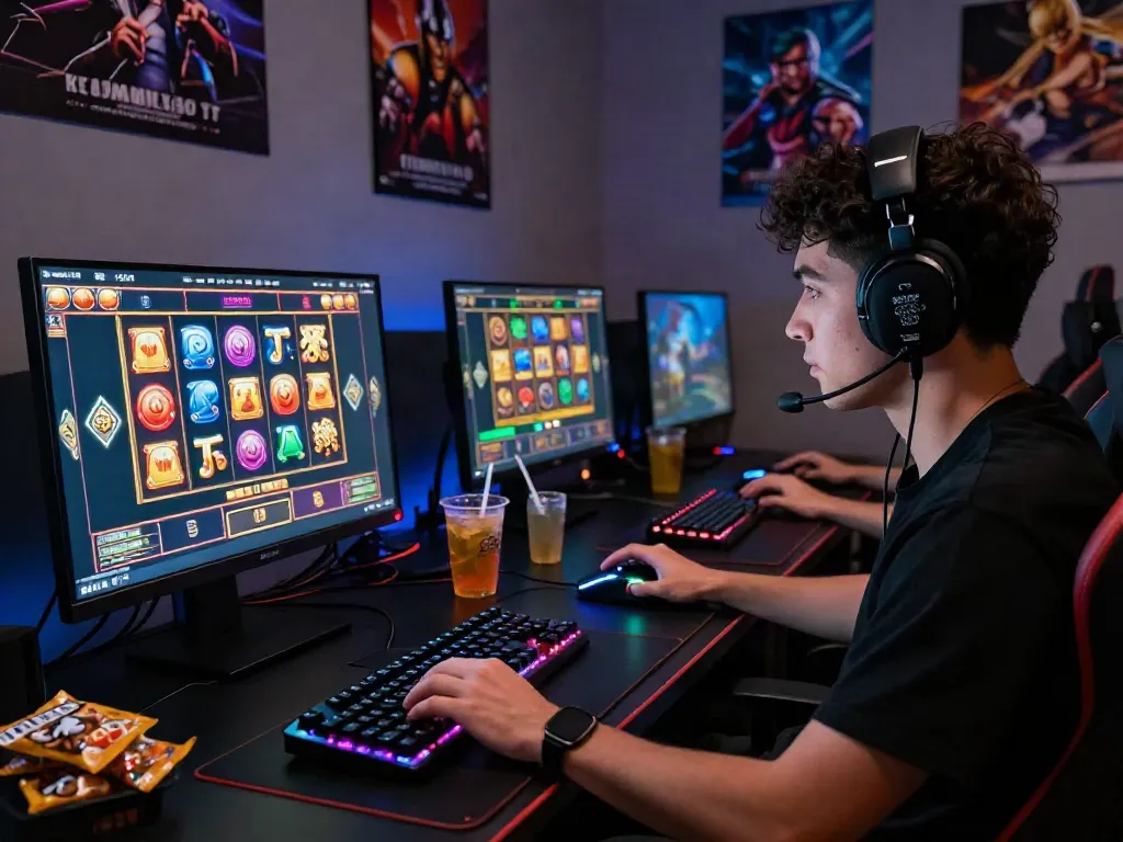 Engaged gamer playing akunjp online slot game on a sleek setup.