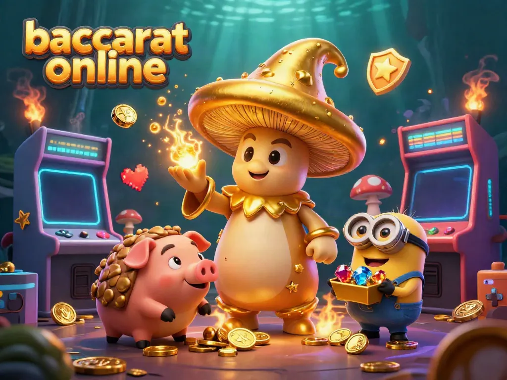 Experience baccarat online in a vibrant 3D casino scene with magical characters and gaming elements.