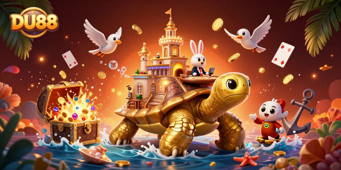 Dive into the DU88 gaming experience with a whimsical casino scene featuring vibrant characters and treasure.