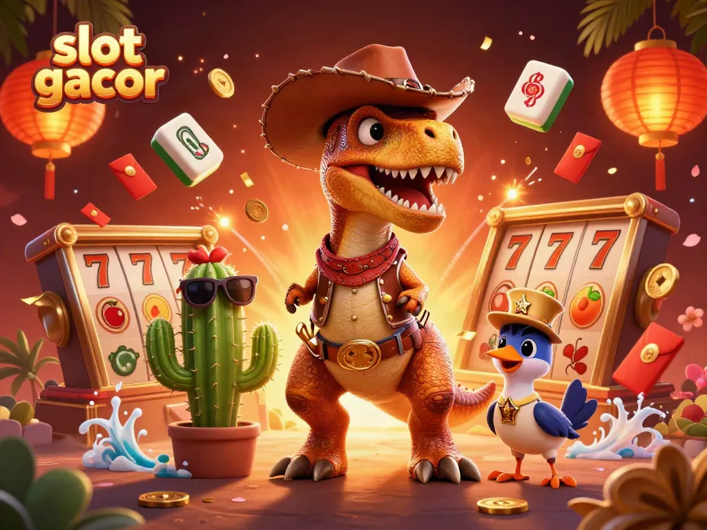 Engage with slot gacor through vibrant 3D cartoon scene featuring a dinosaur and casino elements.
