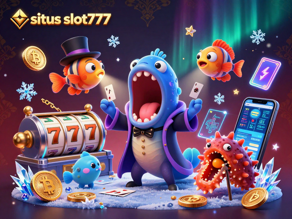 Experience the excitement of situs slot777 with a magical 3D illustration featuring vibrant animated characters and gaming elements.