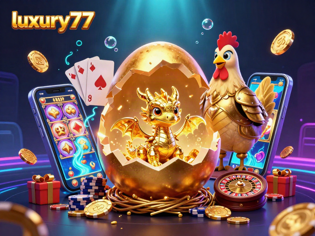 Menangkan permainan slot dengan luxury777 melalui ilustrasi 3D yang fantastis, menampilkan naga emas dan elemen kasino.