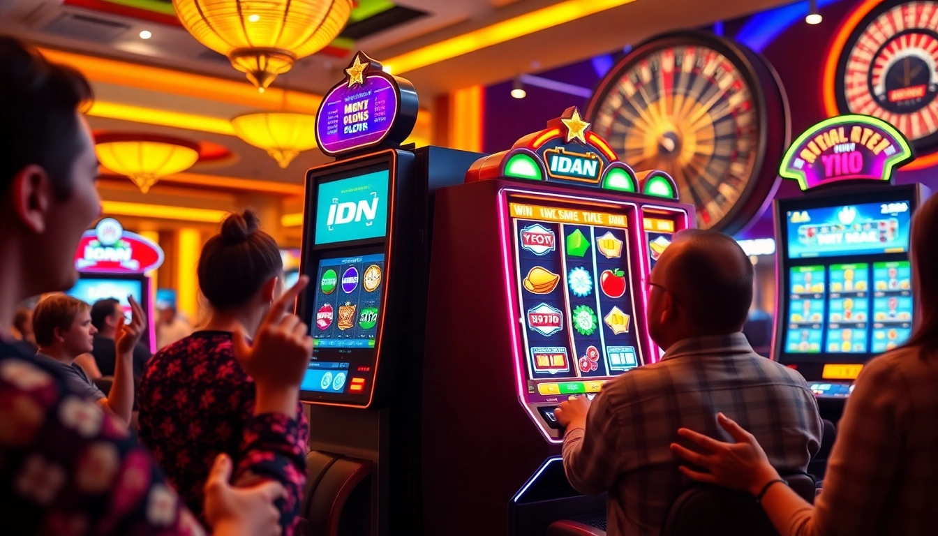 Players celebrating big wins at an IDN slot machine in a vibrant casino setting.