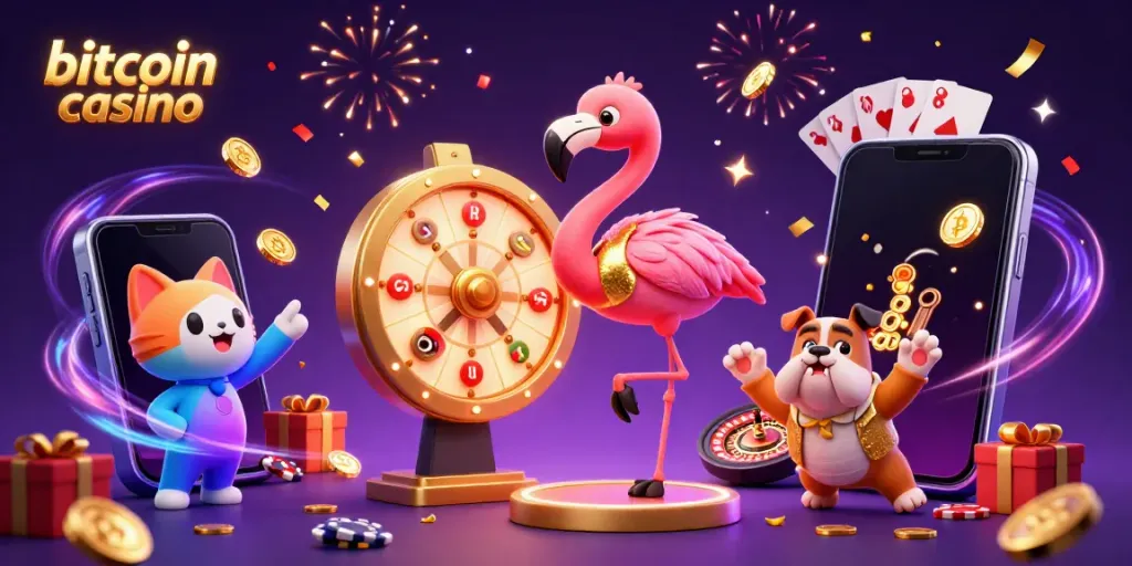 Spin to win at a bitcoin casino with exciting characters amid vibrant celebration and game elements.