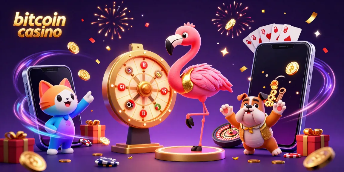Spin to win at a bitcoin casino with exciting characters amid vibrant celebration and game elements.