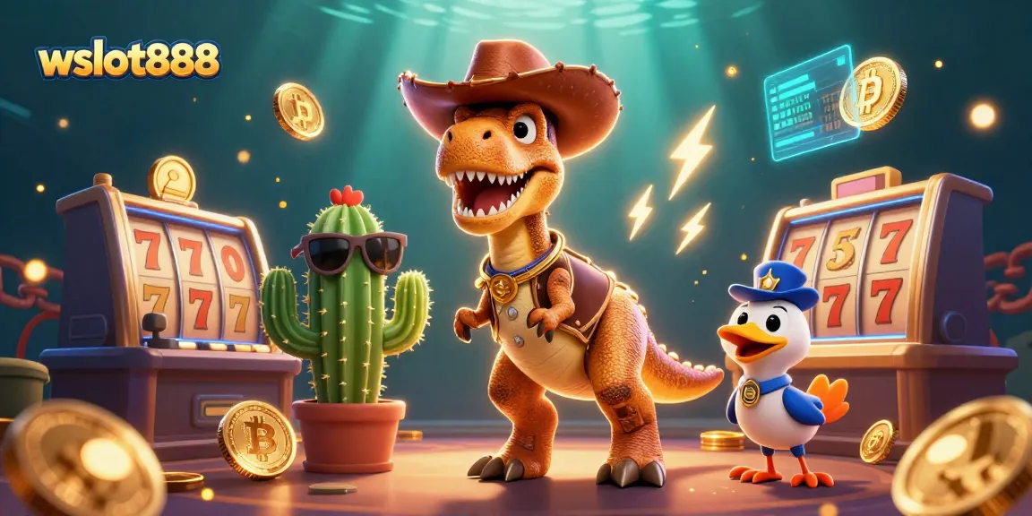 Memenangkan slot di wslot888, dengan dinosaurus cowboy dan elemen kasino menarik lainnya.