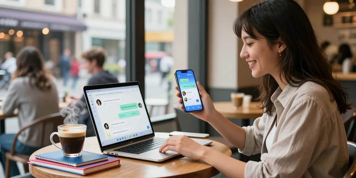 Youthful woman enjoying spicy chat AI on her smartphone in a vibrant coffee shop.
