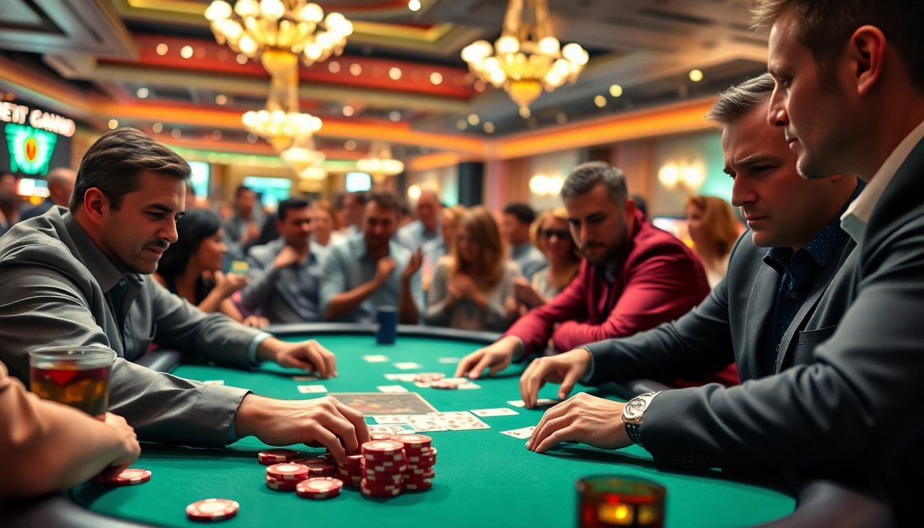 Engaged players concentrating on a dramatic Poker Game at a lively casino table.