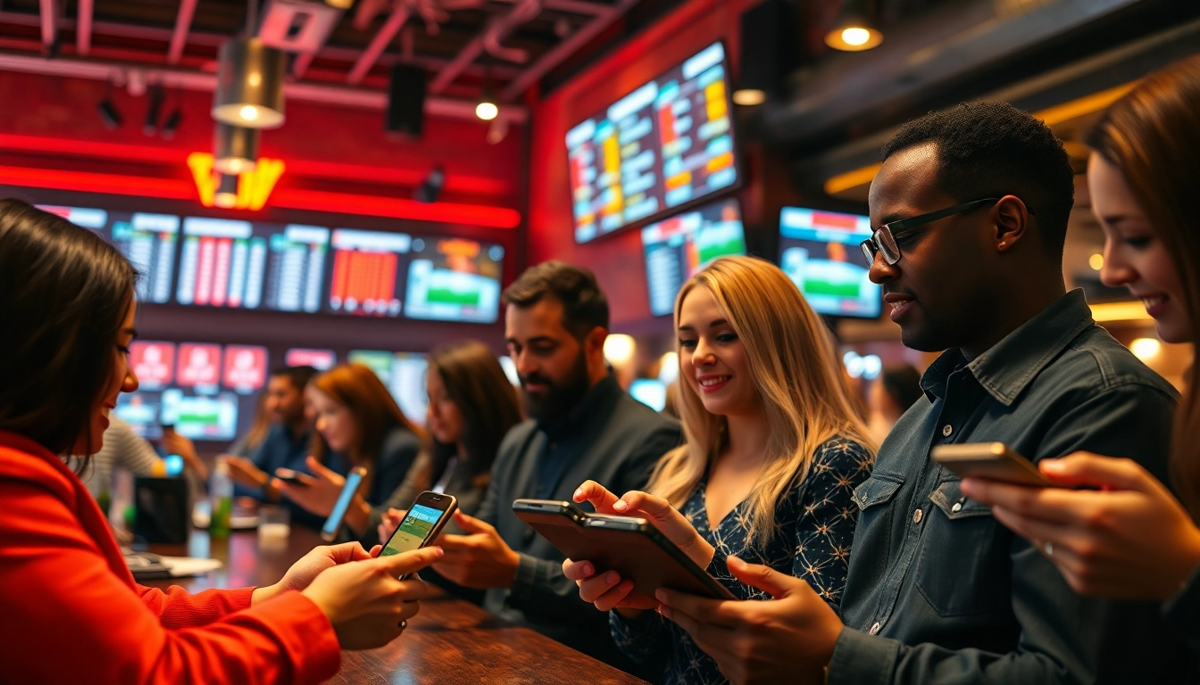 Engaged bettors participating in online Betting at a lively sports bar atmosphere.