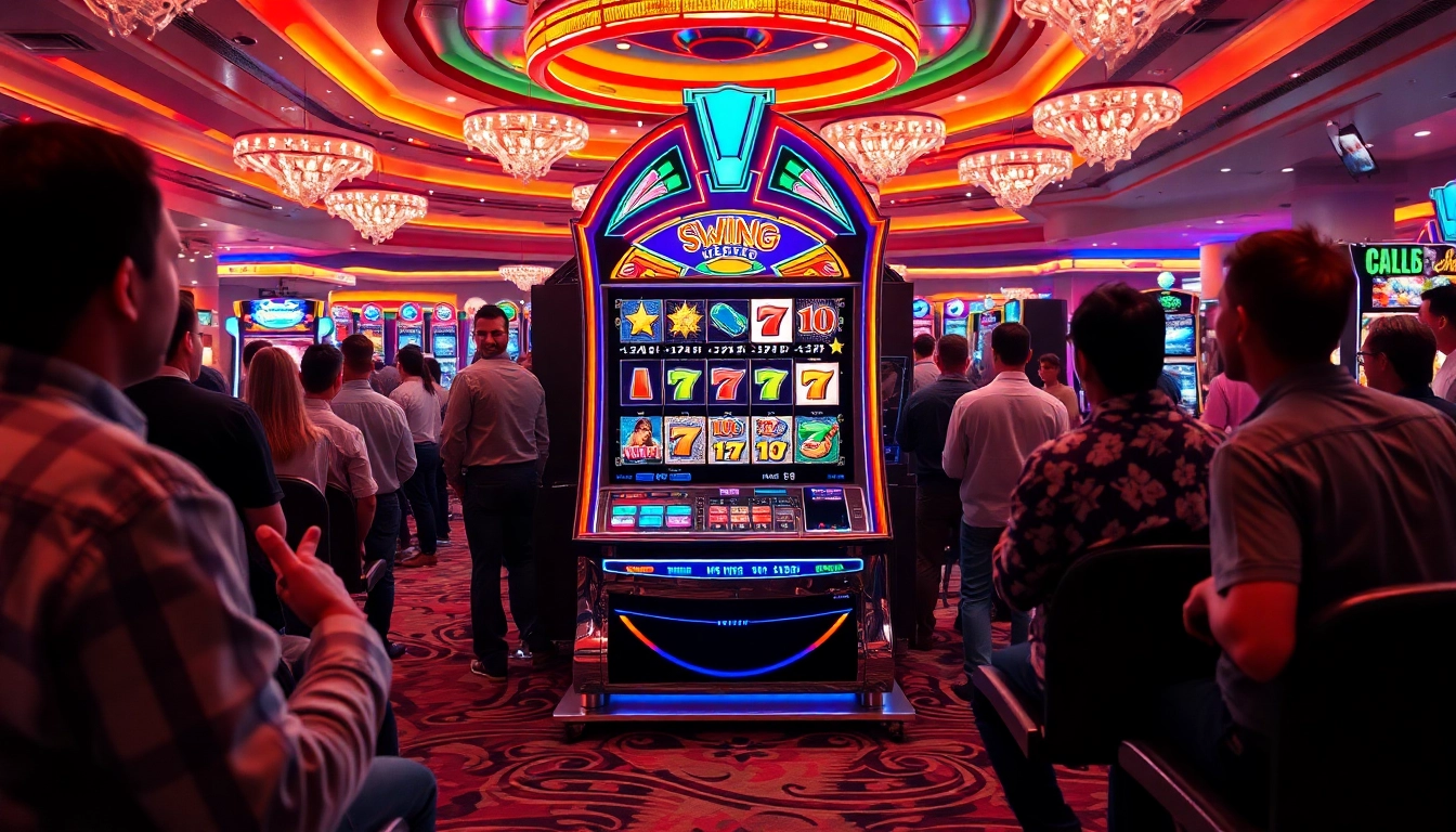 Spinning Slot Game machines with vibrant symbols in a lively casino setting.