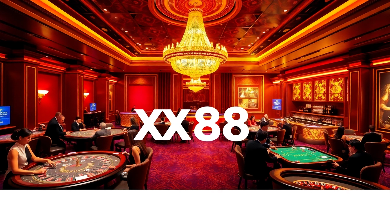 Engaged players enjoying a vibrant casino scene featuring the XX88 brand amidst glamorous poker and roulette tables.